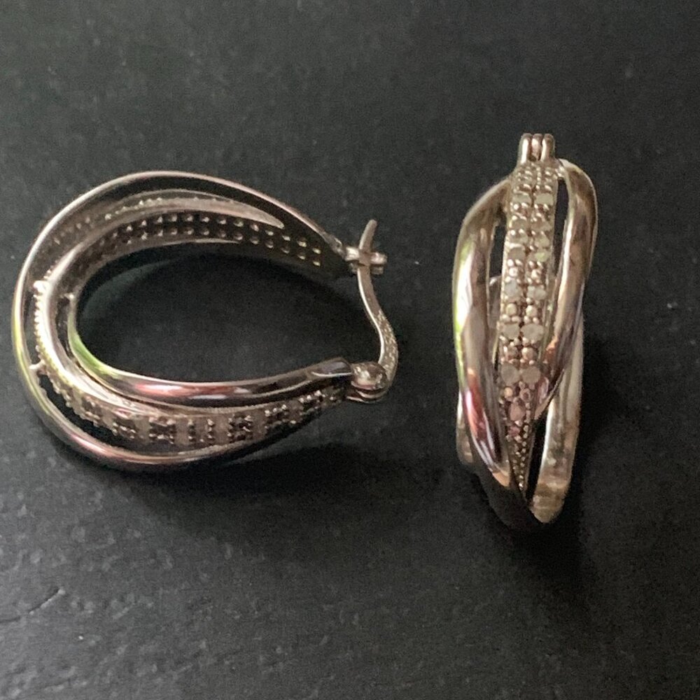 925 Sterling Silver Diamond Double Hoop Earrings